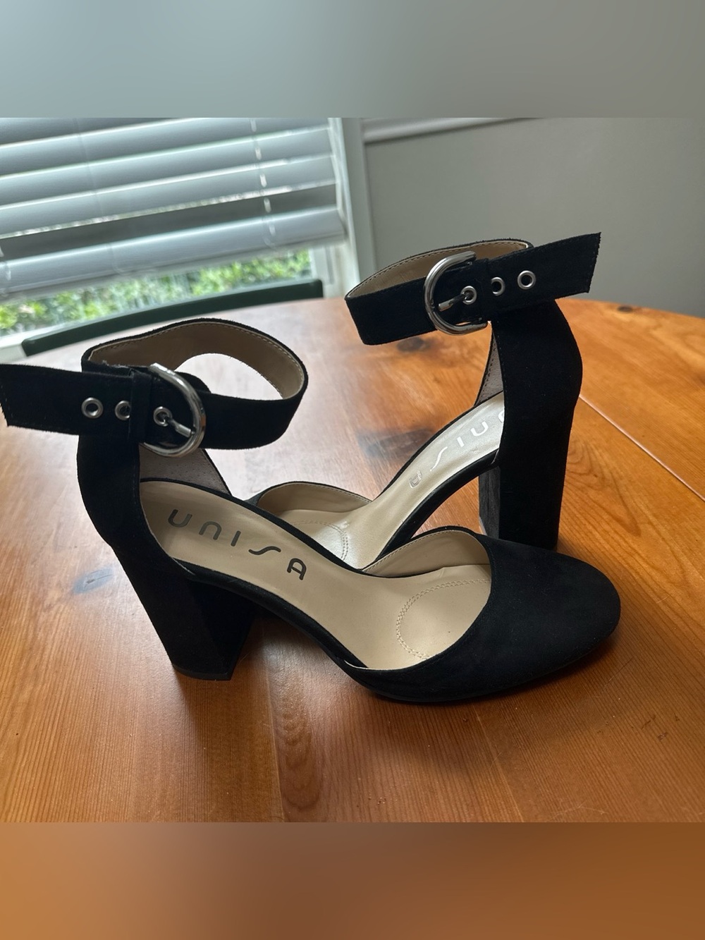 Unisa Black Suede Ankle Strap Block Heel Sandal